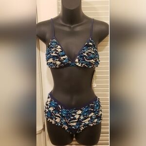 NWT HONEYDEW BLUE / WHITE MESH RUFFLE BRALETTE BRA RUMBA BOYSHORT PANTY SET SZ S